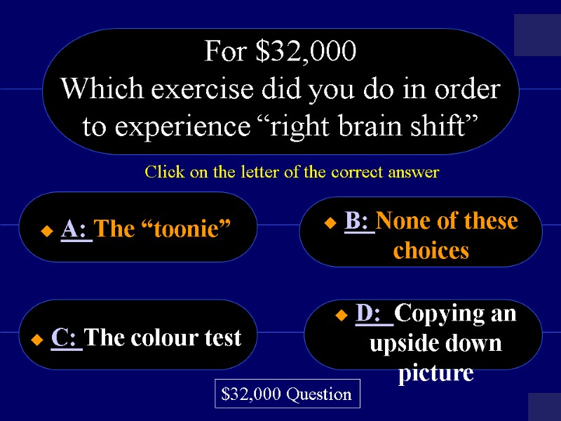 For $32,000 Which exercise did you do in order to experience “right brain shift”